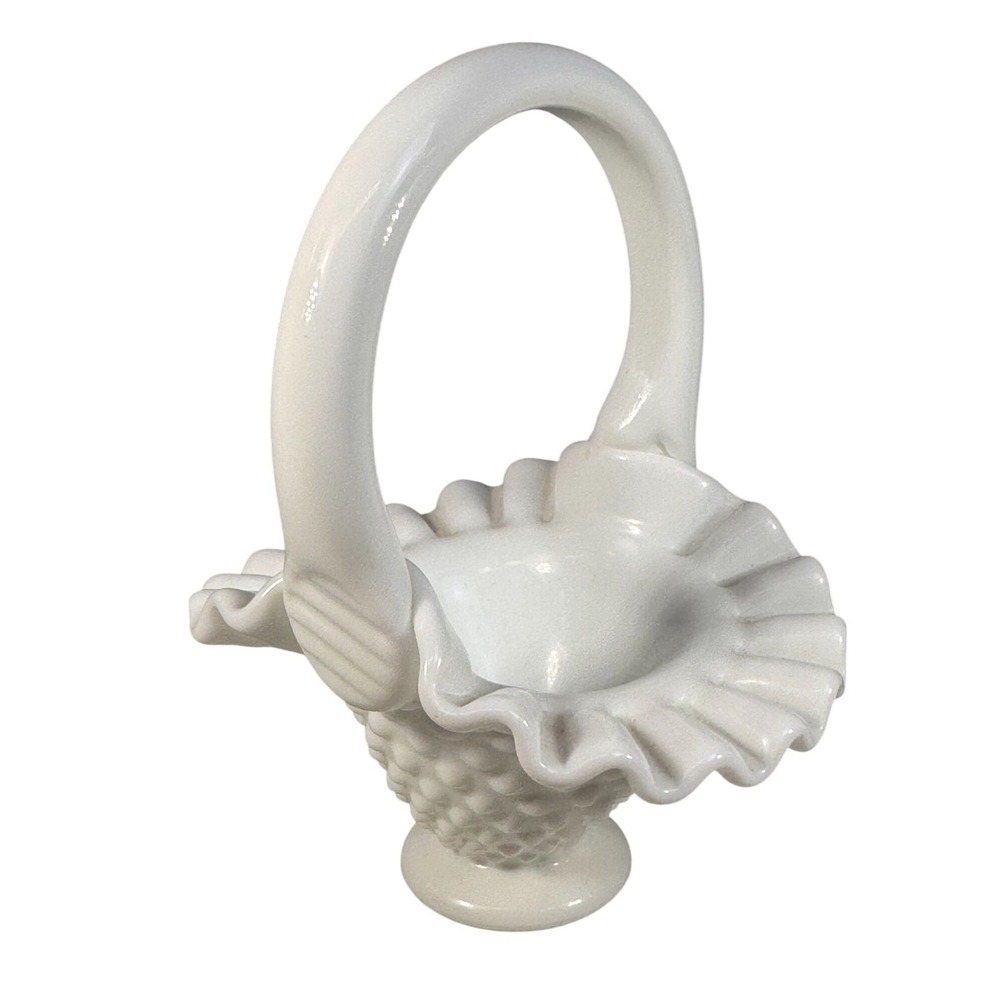 Vintage Milk Glass Hobnail Basket Ruffled Edge Handle White Vase 7.5"